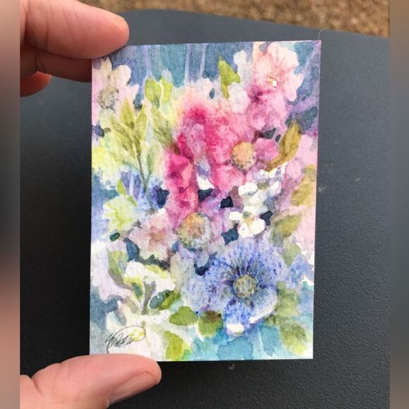 Wild flowers original painting ATC collectible artwork miniature watercolor art - Picture 4 of 4